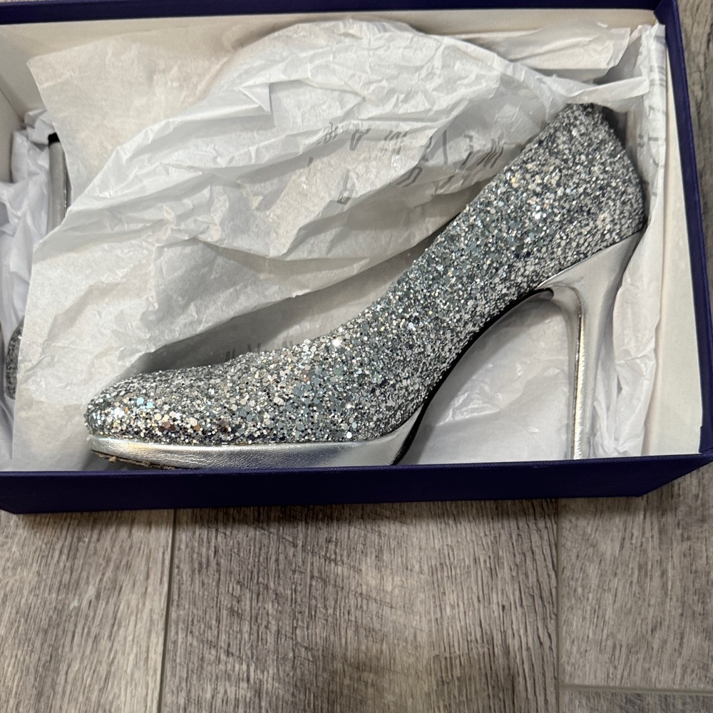 Stuart Weitzman Glitterswoon Silver Glitter Heels